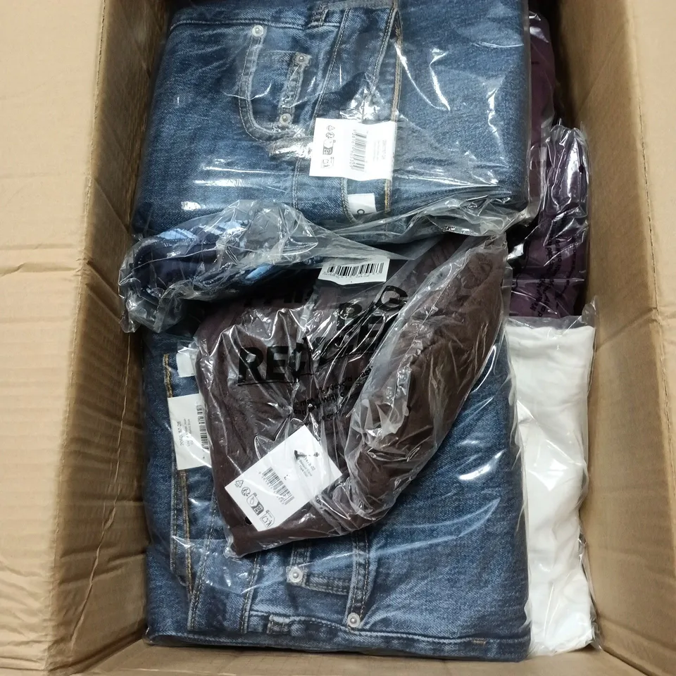 BOX OF APPROXIMATELY 20 ASSORTED CLOTHING ITEMS IN VARIOUS STYLES , COLOURS AND SIZES 