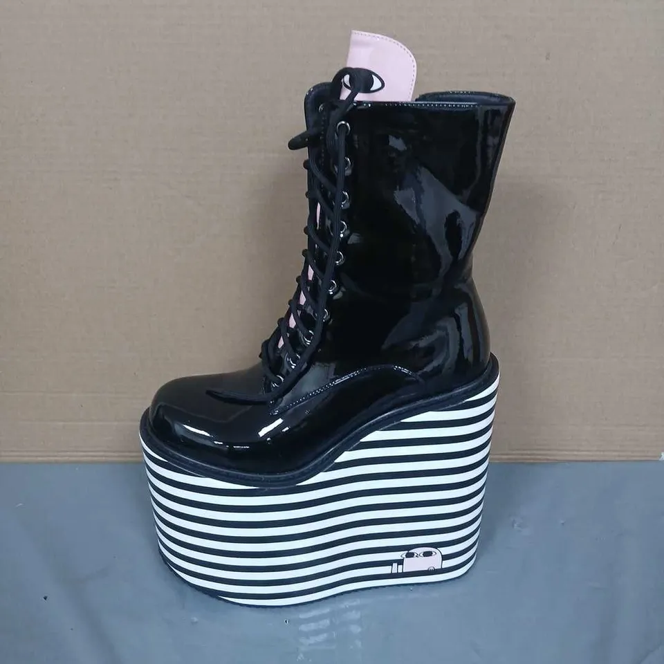 KOI BLACK PATENT PLATFORM LACE-UP BOOTS WITH STRIPED WEDGE HEEL, UK 8