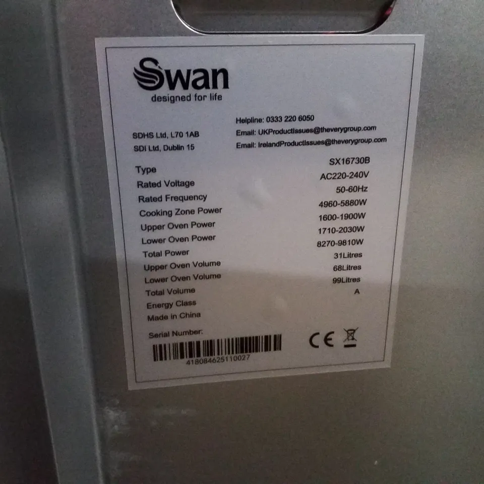 SWAN SX16730B 60CM ELECTRIC DOUBLE OVEN CERAMIC HOB COOKER - BLACK