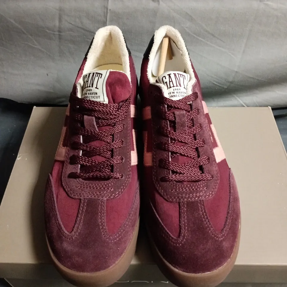 BOXED PAIR OFGANT BURGUNDY SUEDE TRAINERS - SIZE 39
