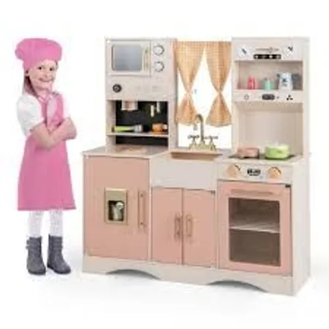 BOXED KIDS PLAY KITCHEN WOODEN WITH MICROWAVE AND ICE MAKER WITH SOUNDS-PINK