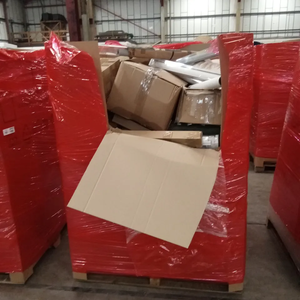 PALLET OF ASSORTED HOUSEHOLD GOODS AND PRODUCTS TO INCLUDE; BLINDS, BOXED FURNITURE ETC