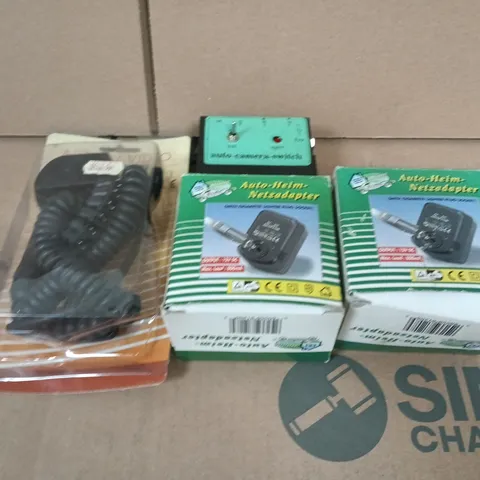 BOX OF ASSORTED ELECTRICAL ITEMS TO INCLUDE CAMERA SWITCH, AUDIO AND VIDEO ACCESSORY AND HOME ADAPTOR 