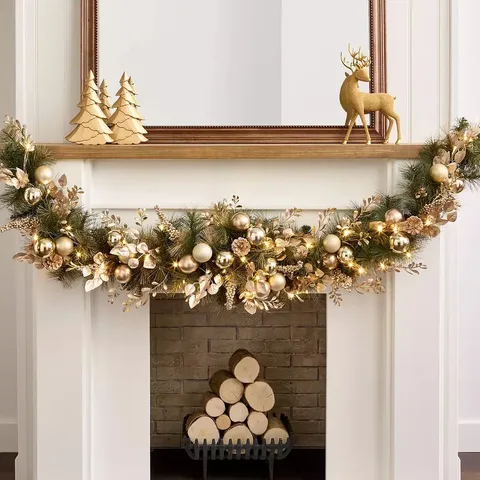 PRE LIT CHRISTMAS SWAG WITH GOLD BAUBLES AND FOLIAGE - 180CM