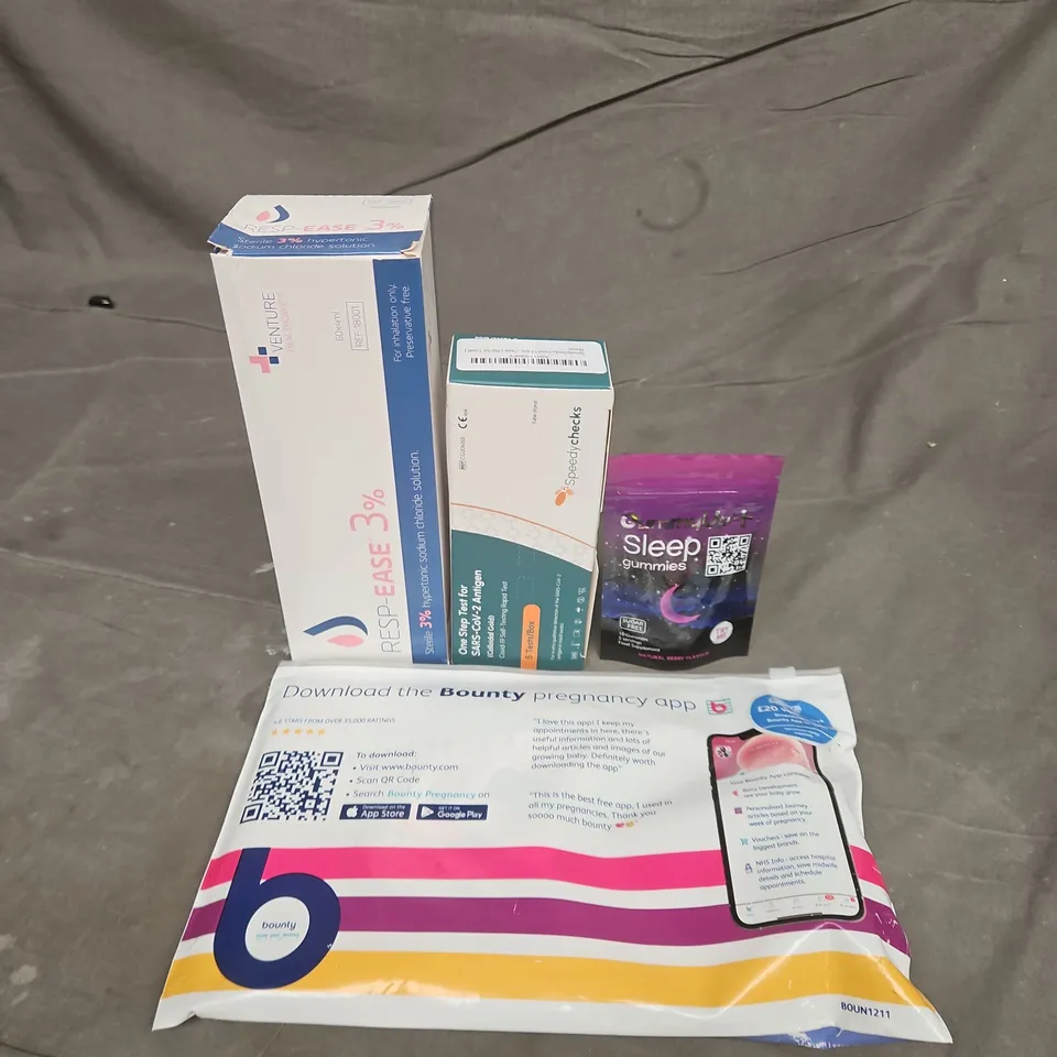 TOTE OF APPROXIMATELY 20 ASSORTED HEALTHCARE PRODUCTS TO INCLUDE BOUNTY PREGNANCY PACKS - GUMMYUP+ SLEEP GUMMIES AND COVID SELF TESTS