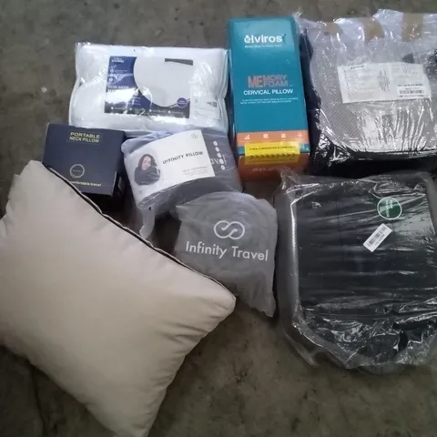 PALLET OF ASSORTED ITEMS INCLUDING ELVIROS MEMORY FOAM CERVICAL PILLOW, INFINITY PILLOW, PORTABLE NECK PILLOW, DONUT SEAT CUSHION, FITTED QUILT MATTRESS PAD