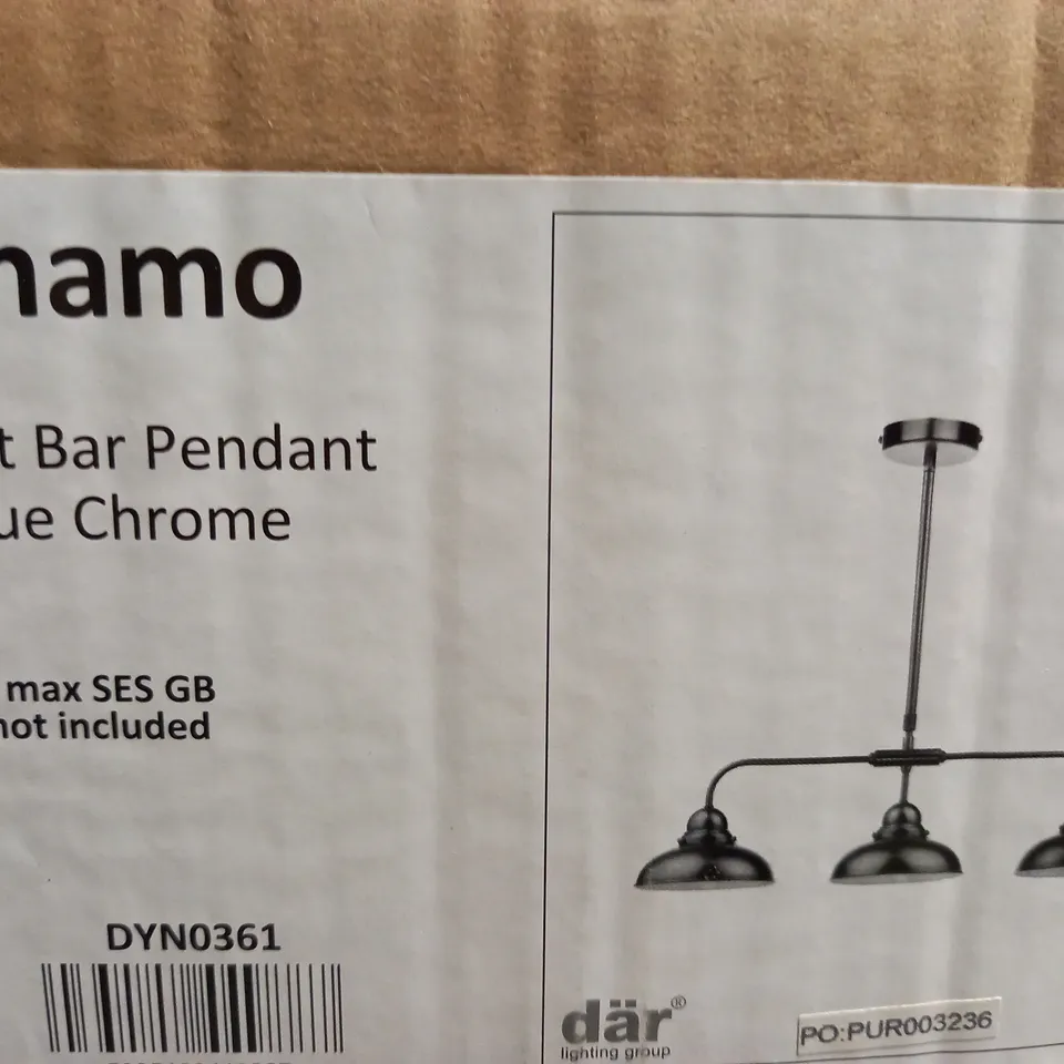 BOXED DAR DYNAMO 3 LIGHT BAR PENDANT ANTIQUE CHROME