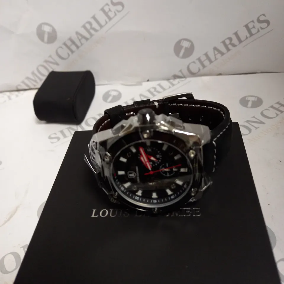 MENS LOUIS LACOMBE CHRONOGRAPH WATCH BLACK DIAL BLACK LEATHER STRAP 