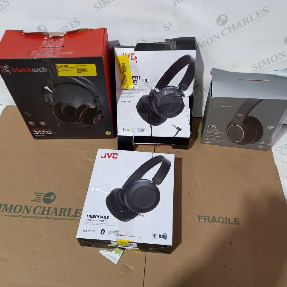 LOT OF 4 ASSORTED HEADPHONES TO INCLUDE JVC, BLACKWEB, MIXX WIRELES ETC