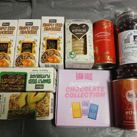 LOT OF 10 ASSORTED FOOD ITEMS TO INCLUDE SIMPLY SEED CRACKERS, RAW HALO CHOCOLATE AND ANISEED BALLS