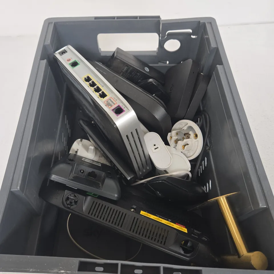 APPROXIMATELY 10 ASSORTED ELECTRICAL PRODUCTS TO INCLUDE ROUTERS, POWER SUPPLIES, HOUSE PHONE ETC
