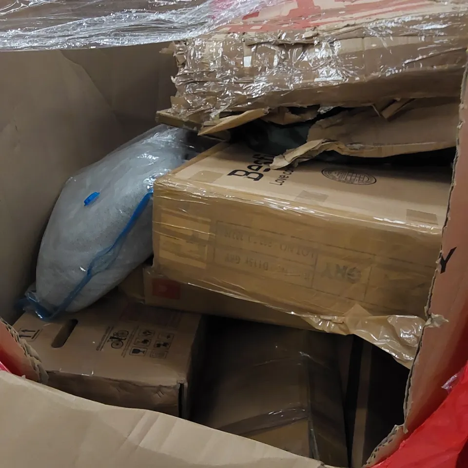 PALLET TO CONTAIN ASSORTED HOUSEHOLD ITEMS AND CONSUMER PRODUCTS. INCLUDING AIR FRYER, COOKER HOOD, ELECTRIC POTATO PEELER, CORNER DESK, BOXED FURNITURE ETC