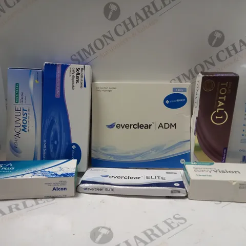 BOX OF APPROX 25 ASSORTED CONTACT LENSES AND CONTACT LENSE SOLUTIONS