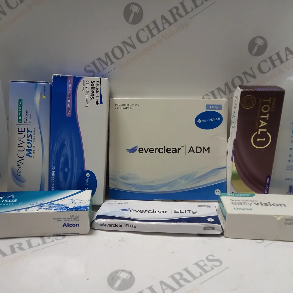 BOX OF APPROX 25 ASSORTED CONTACT LENSES AND CONTACT LENSE SOLUTIONS