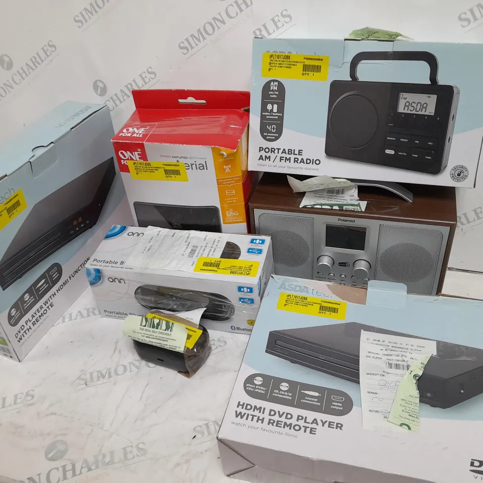  7 ASSORTED ASDA TECH ITEMS INCLUDING PORTABLE AM/FM RADIO, AERIAL, DVD PLAYER WITH HDMI FUNCTION