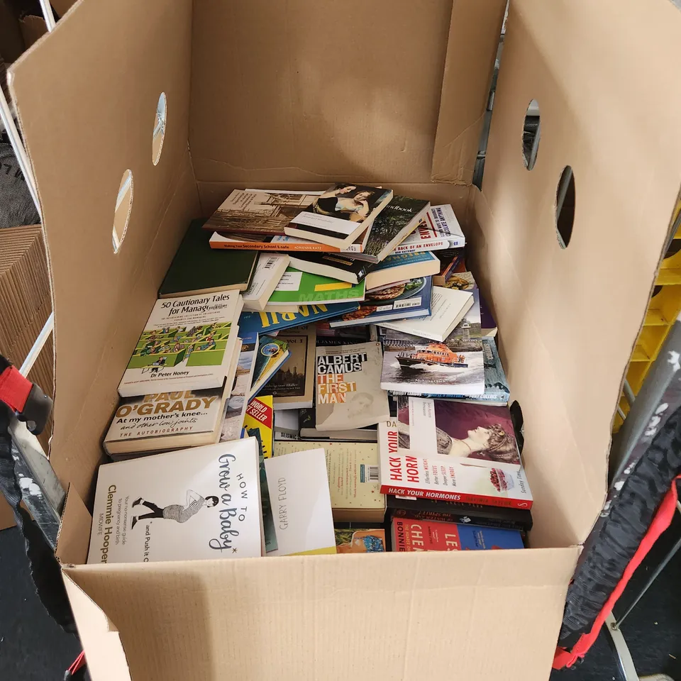 CAGE OF A SIGNIFICANT QUANTITY OF ASSORTED BOOKS BY GABRIELLE ZEVIN, SCOTT CUNNINGHAM, COLLEEN HOOVER, MICHAEL PARKINSON, FREDERICK FORSYTH, DAISY WAUGH, ETC