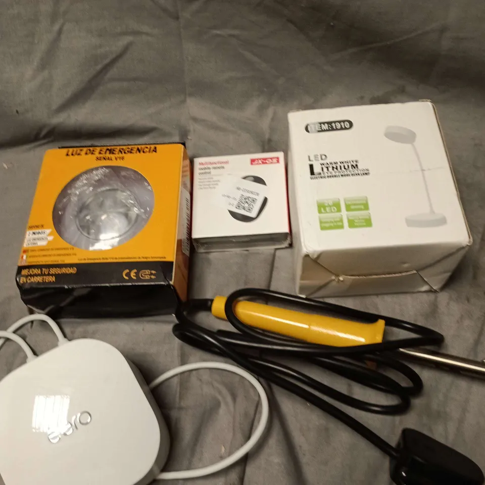 APPROXIMATELY 10 ASSORTED ELECTRICAL PRODUCTS TO INCLUDE LED HEADLAMP, SOLDERING IRON, MOBILE REMOTE CONTROL ETC 