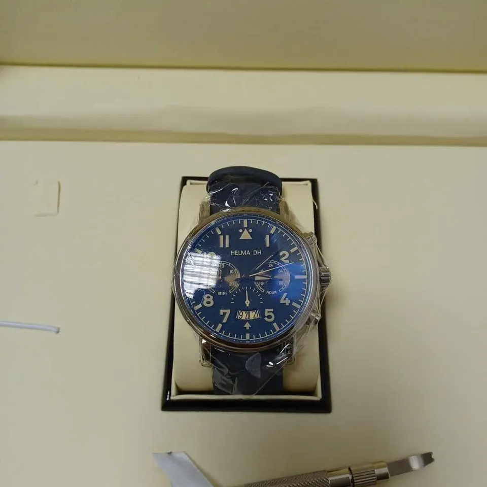 HELMA DH CHRONOGRAPH VINTAGE STYLE SUEDE STRAP WRISTWATCH