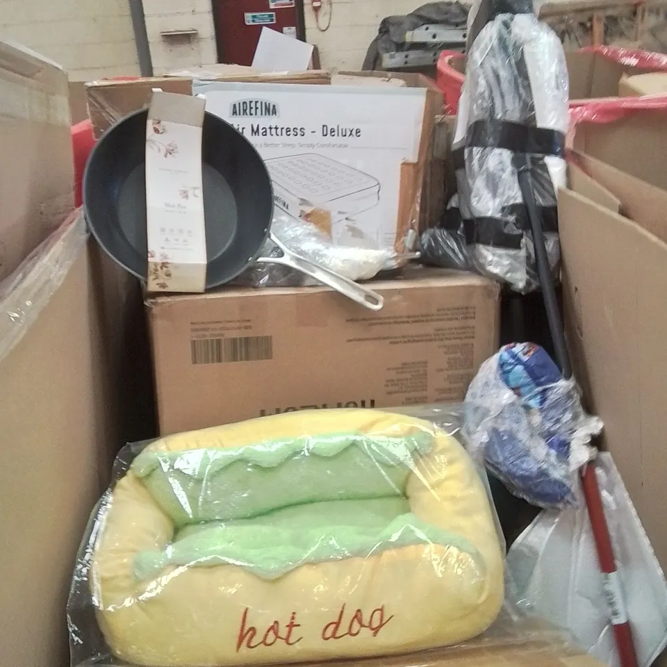 PALLET CONTAINING VARIOUS ASSORTED BOXED HOUSEHOLD ITEMS TO INCLUDE: COFFIE TABLE,WOK PAN, PLAYPEN,PETBEDAND LOTS MORE UNMARKED BOXED ITEMS 