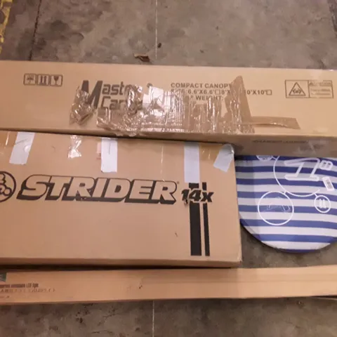 PALLET OF ASSORTED PRODUCTS INCLUDING MASTER CANOPY COMPACT CANOPY, AQUARIUM EXTENDABLE LED LIGHT, STRIDER KIDS BIKE, POP UP TENT