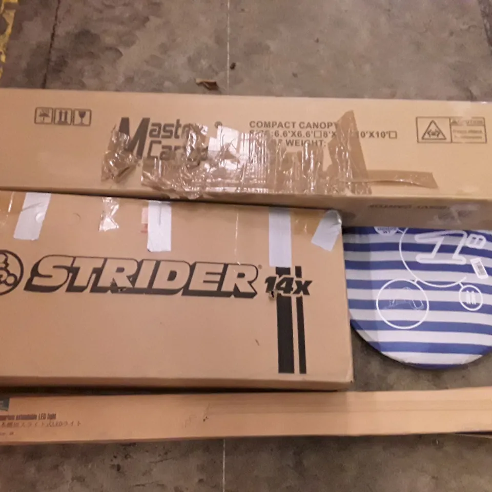 PALLET OF ASSORTED PRODUCTS INCLUDING MASTER CANOPY COMPACT CANOPY, AQUARIUM EXTENDABLE LED LIGHT, STRIDER KIDS BIKE, POP UP TENT