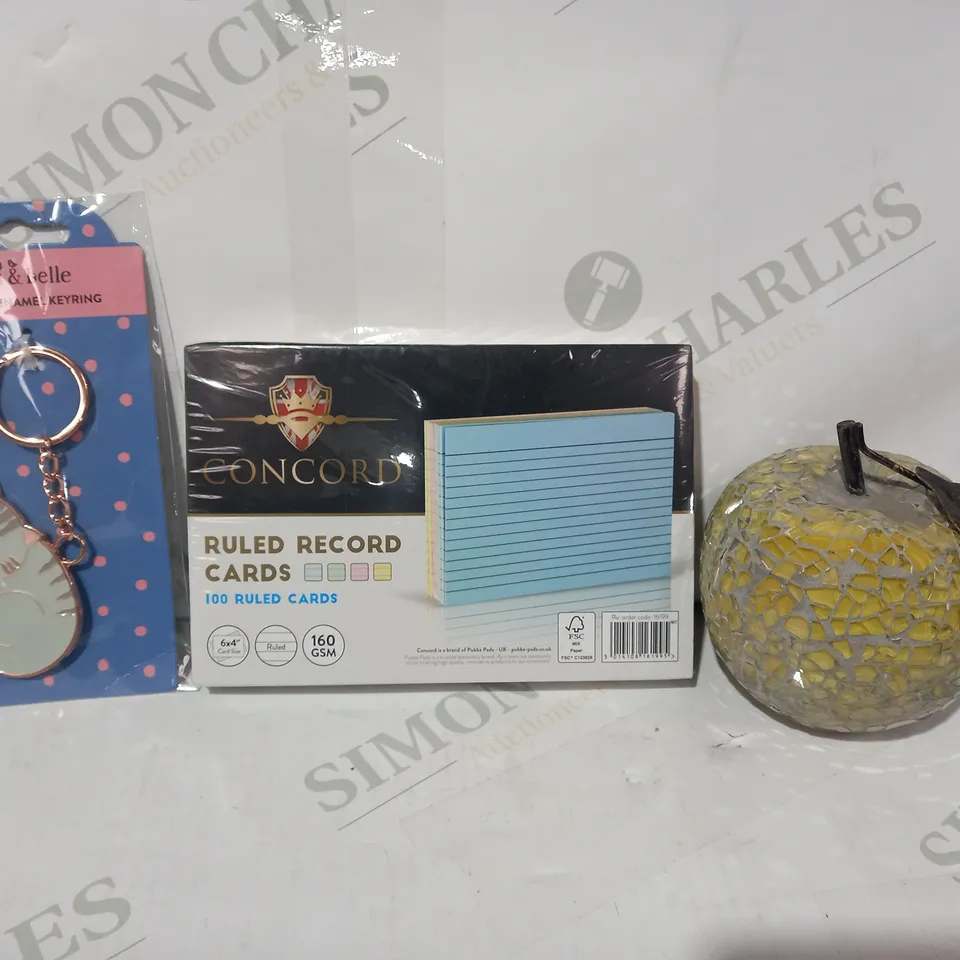 LOT OF APPROXIMATELY 10 ASSORTED HOUSEHOLD ITEMS TO INCLUDE DECORATIVE APPLE, CONCORD RULED RECORD CARDS, GREY CAT ENAMEL KEYRING, ETC