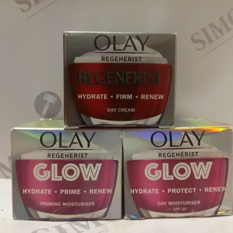 BOX OF 3 ASSORTED OLAY REGENERIST PRODUCTS TO INCLUDE 2 X GLOW FIRMING MOISTURISER & 1 X DAY CREAM