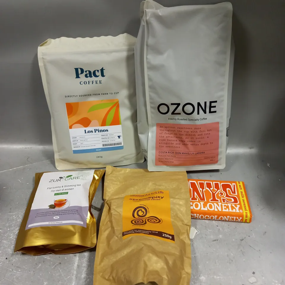 APPROXIMATELY 8 ASSORTED FOOD/DRINK PRODUCTS TO INCLUDE OZONE COFFEE, TONY'S CHOCOLATE, ZUR CARE SLIMMING TEA ETC 