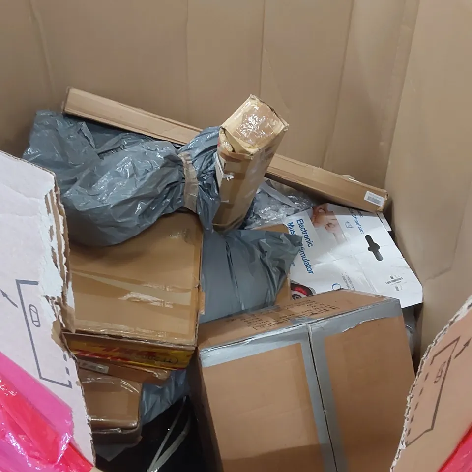 PALLET OF ASSORTED HOUSEHOLD ITEMS AND CONSUMER PRODUCTS TO INCLUDE; TV WALL MOUNT, RECORD PLAYER SOUND SYSTEM, BLADELESS PURIFIER & HEATER FAN, FOOT SIMULATOR ETC