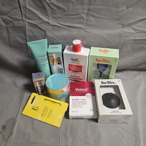 APPROXIMATEY 20 ASSORTED HEALTH AND BEAUTY PRODUCTS TO INCLUDE - PANTENE HAIR BIOLOGY MASK - VIVISCAL HEALTHY HAIR VITAMINS - ECLAT SKIN MANGO LIP BALM - ETC