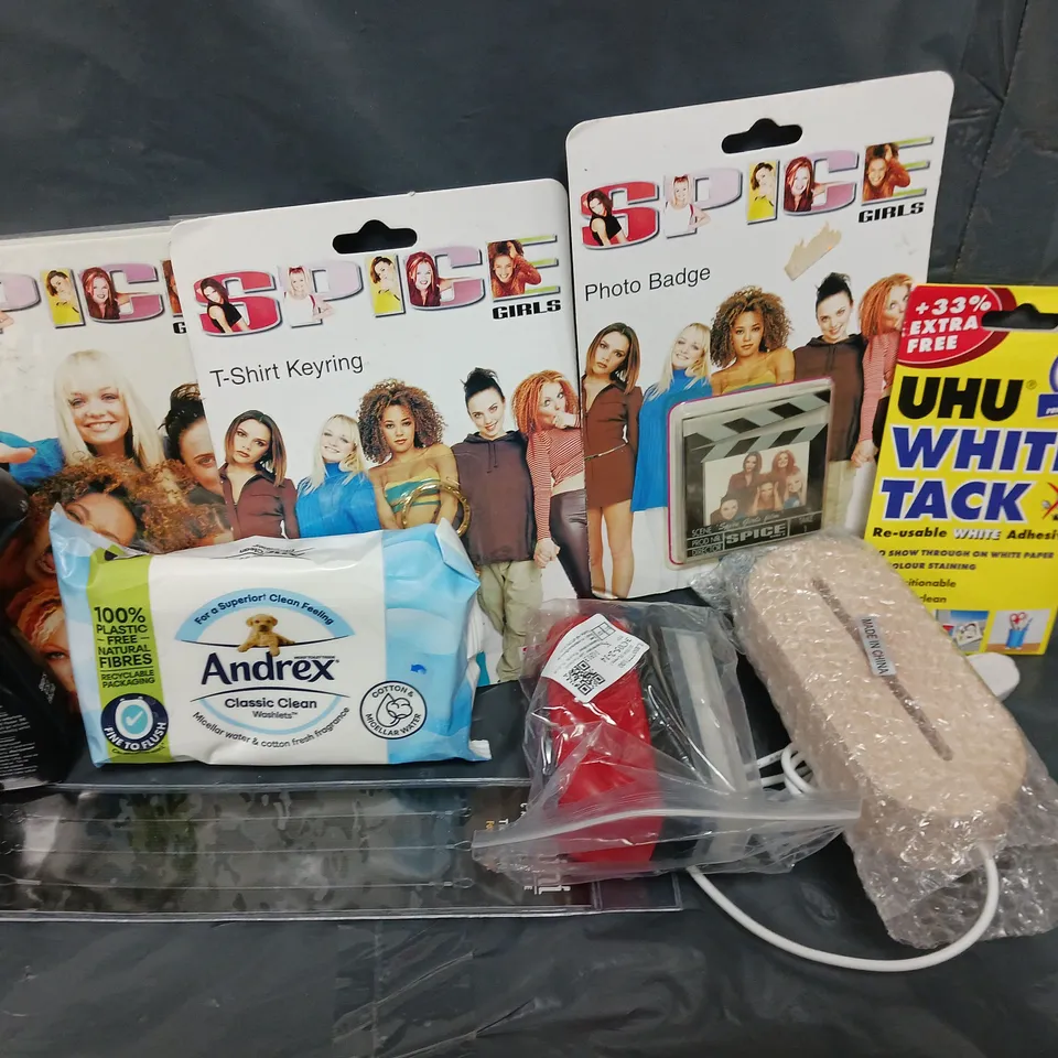 APPROXIMATELY 12 ASSORTED HOUSEHOLD ITEMS TO INCLUDE SPICE GIRLS PHOTO BADGE, AMDREX WIPES, WHITE TACK, ETC