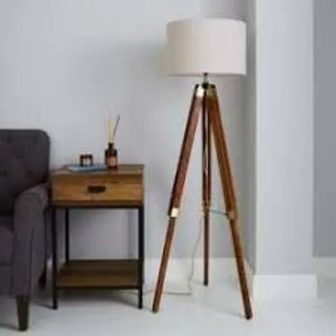 BOXED DUNELM TRIO WOODEN TRIPOD FLOOR LAMP - DARK WOOD/BRASS (1 BOX)