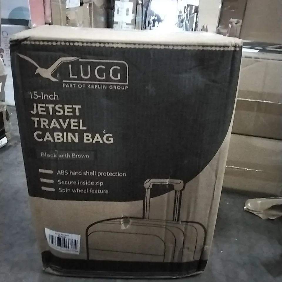 BOXED 15INCH JET-SET TRAVEL CABIN BAG BLACK WITH BROWN