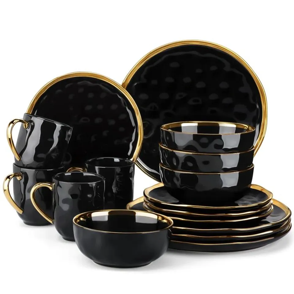 BOXED VARA HANDMADE STONEWARE DINING SET IN BLACK AND GOLD (1 BOX)
