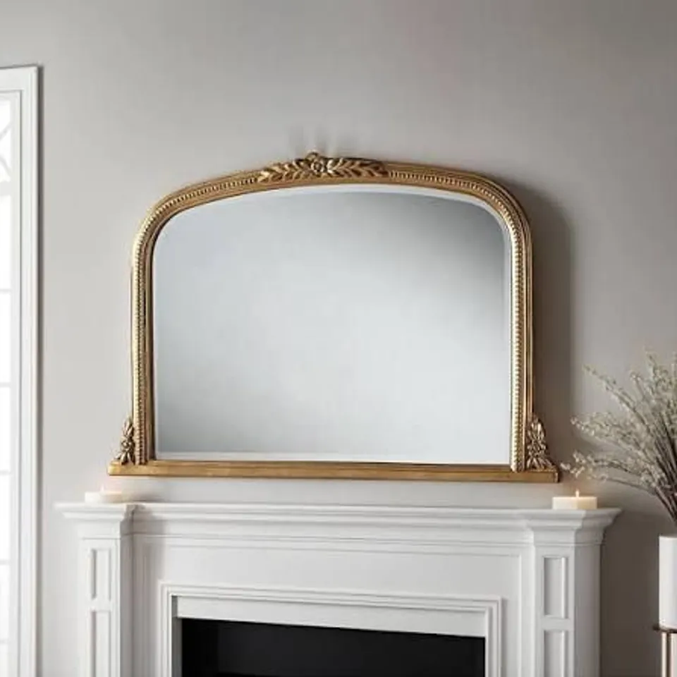 BOXED YEARN GOLD BEADED OVERMANTLE BEVELLED MIRROR 66 X 101CM