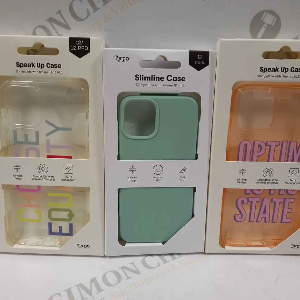 BOX OF APPROXIMATELY 50 TYPO PHONES CASES ('SLIMLINE CASE' & 'SPEAK UP CASE') FOR IPHONE 12 MINI, 12/12PRO IN VARYING COLOURS