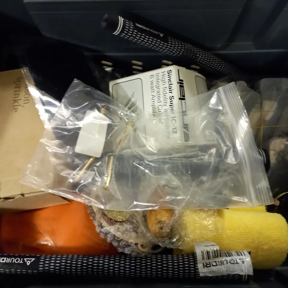 BOX OF APPROX 10 ASSORTED ITEMS TO INCLUDE TOURDRI GOLF CLUB GRIPS, MAGNUSSON SCREWDRIVER AND INTERCEPTOR CONTROLLER FLOAT