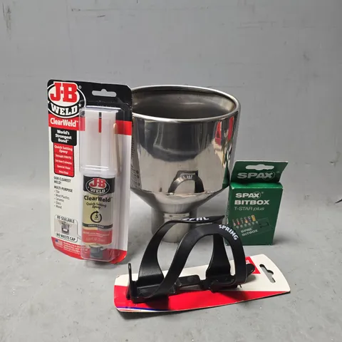 APPROXIMATELY 6 ASSORTED ITEMS TO INCLUDE - SPAX BITBOX T-STAR PLUS , ZEFAL SPRING BOTTLE HOLDER , JB WELD QUICK SETTING EPOXY ETC