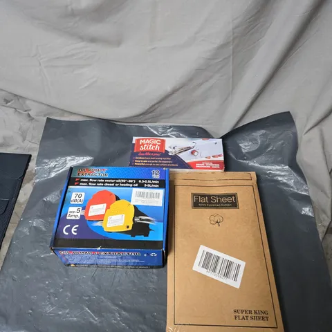 APPROXIMATELY 15 ASSORTED HOUSEHOLD PRODUCTS TO INCLUDE A OIL PUMP EXTRACTOR, MAGIC STITCH, EGYPTIAN COTTON BED SHEET 