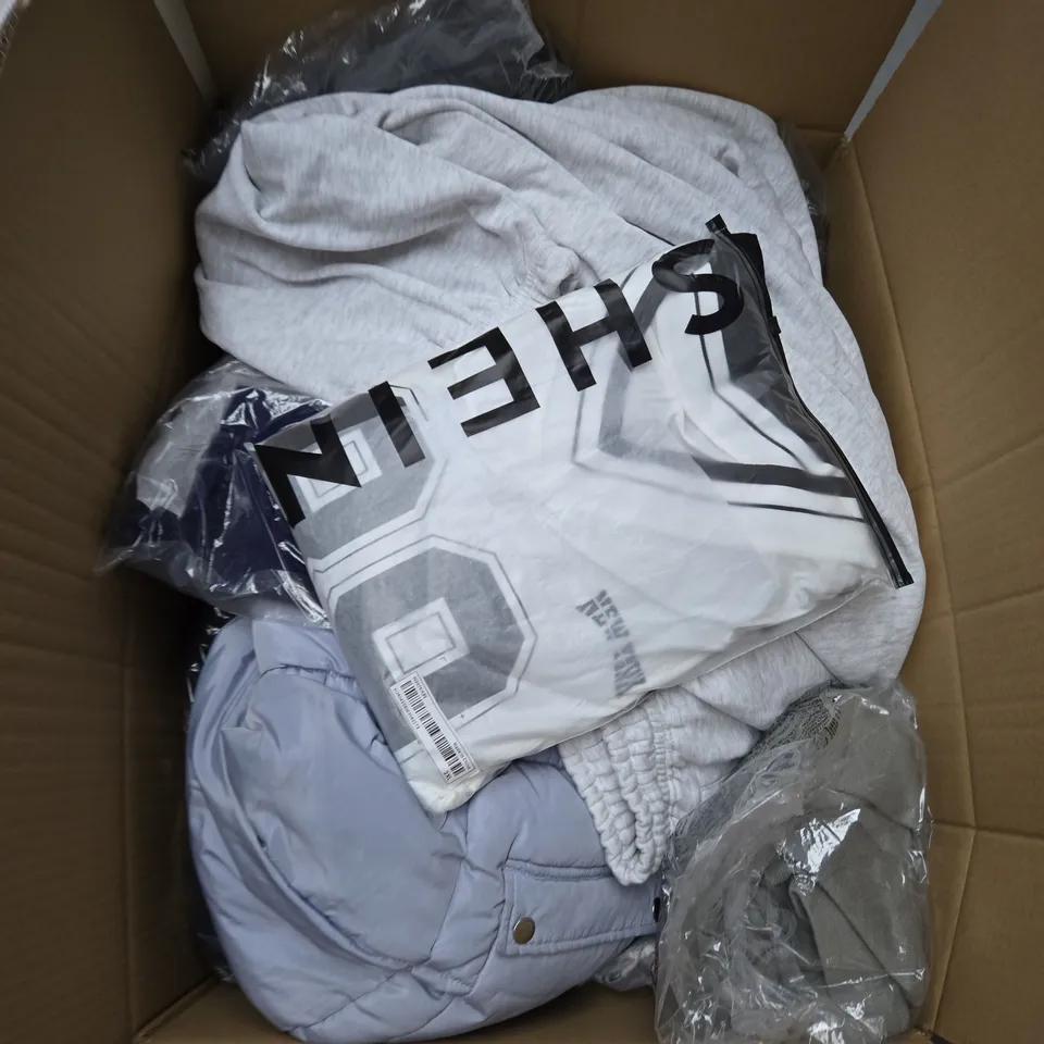 LARGE BOX OF ASSORTED CLOTHING ITEMS IN VARIOUS STYLES, COLOURS AND SIZES