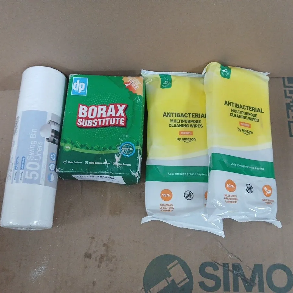 APPROXIMATELY 15 ASSORTED HOUSEHOLD PRODUCTS TO INCLUDE ANTIBACTERIAL CLEANING WIPES, BORAX SUBSTITUTE, SWING BIN LINERS ETC 