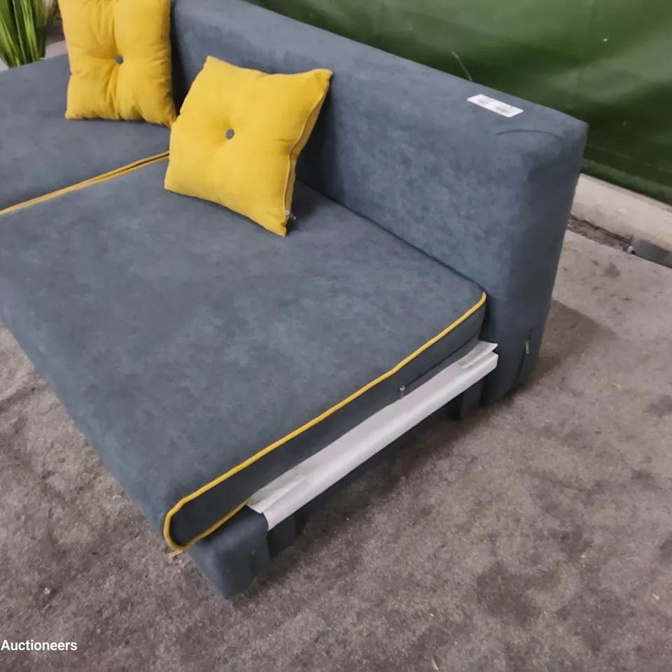 DESIGNER THREE SEATER SOFA WITH STORAGE GREY FABRIC WITH YELLOW PIPING
