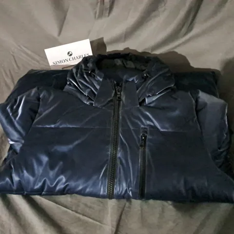 NUAGE LIQUID SHINE 3/4 COAT WITH SIDE ZIPPERS & HOOD IN PAGEANT BLUE SIZE XL 