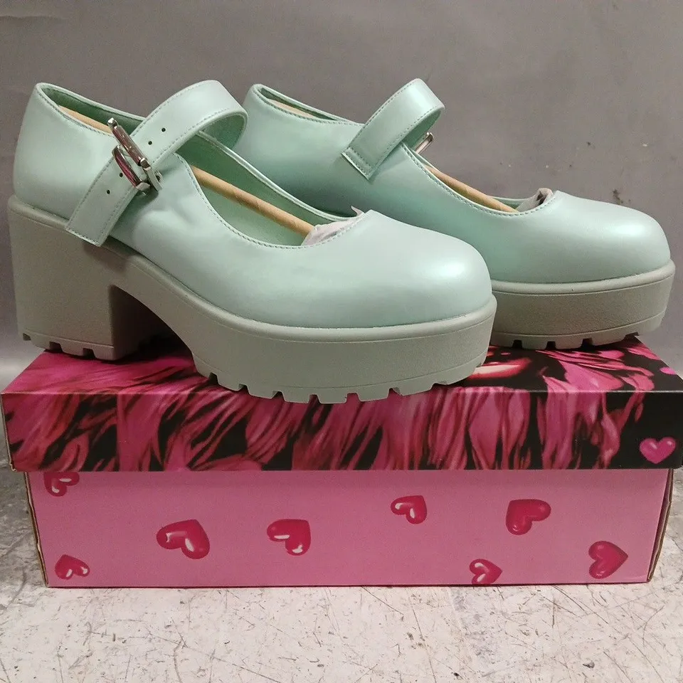 BOXED PAIR OF KOI TIRA PEARL MARY JANES SKY JEWEL EDITION IN BLUE SIZE UK 4