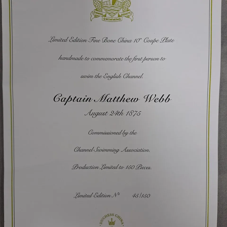 LIMITED EDITION DUCHESS CHINA BONE CHINA PLATE – CAPTAIN MATTHEW WEBB COMMEMORATIVE 10IN COUPE PLATE NO. 45/150