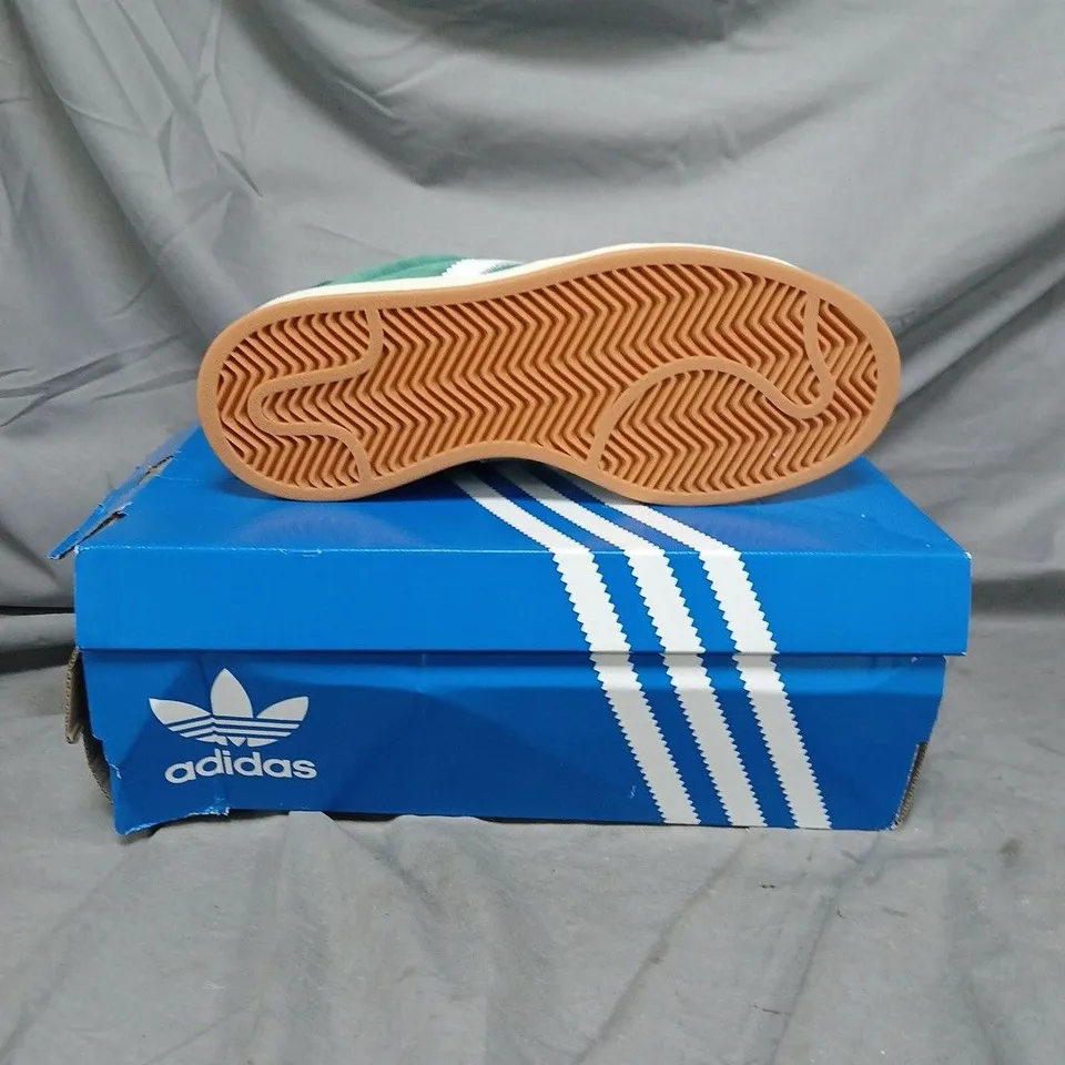BOXED PAIR OF ADIDAS CAMPUS GREEN SUEDE TRAINERS - SIZE 6