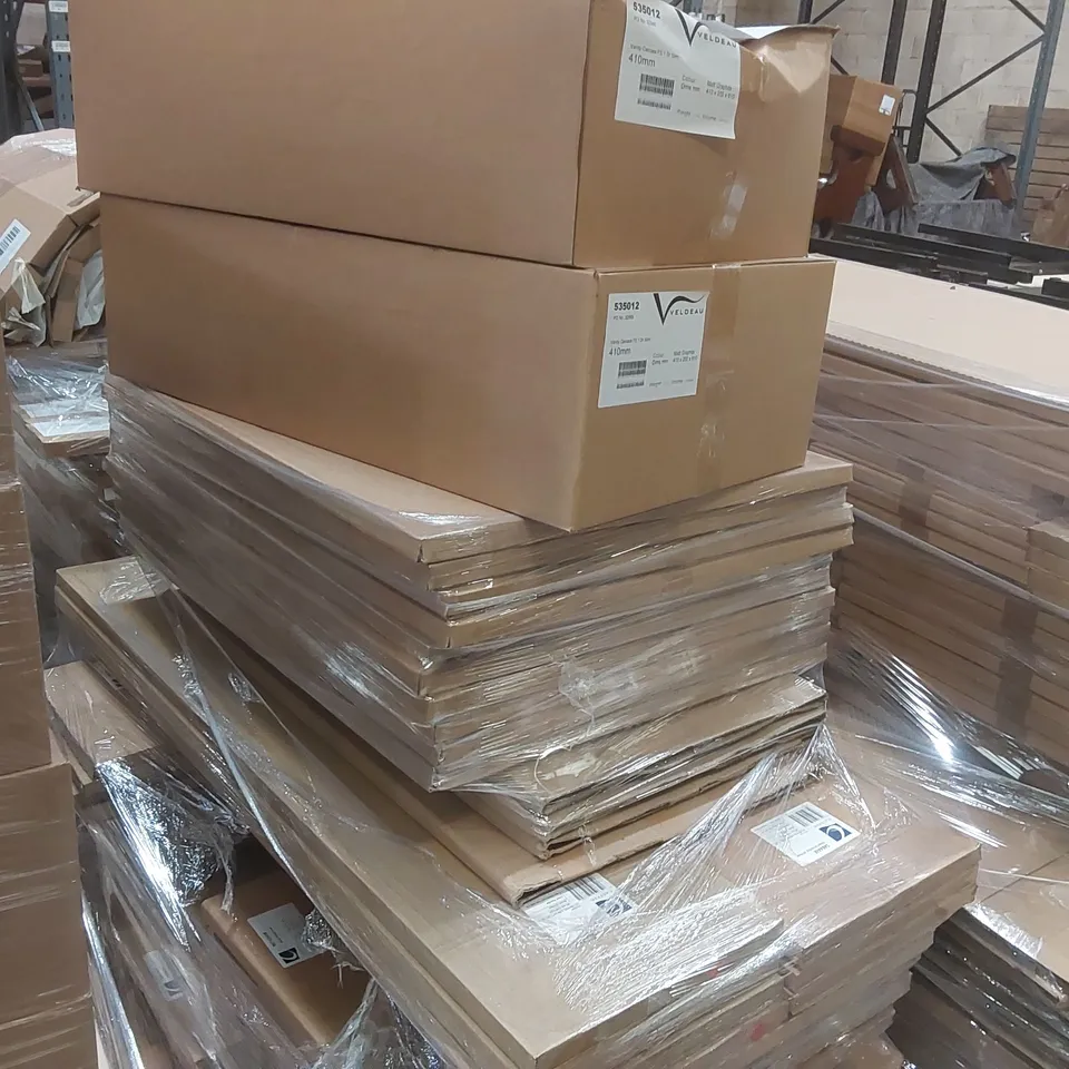 PALLET CONTAINING A LARGE QUANTITY OF ASSORTED BATHROOM FURNITURE PARTS INCLUDING: TALL WALL END/INFIL PANELS, VANITY CARCASSES,  VANITY DRAWER FRONT ECT