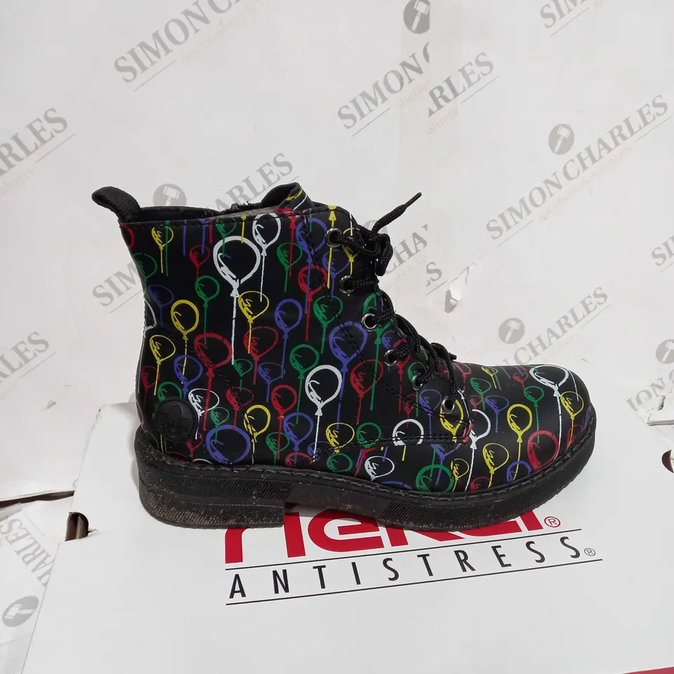 BOXED PAIR OF RIEKER LACE UP BOOTS WITH BALLOON DESIGN UK SIZE 6