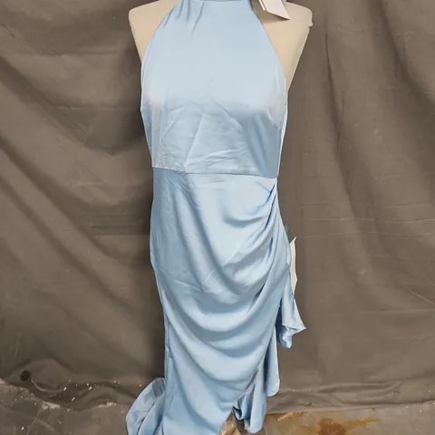 CLUB LONDON MAUREEN SATIN HIGH NECK DRAPED MAXI DRESS IN POWDER BLUE SIZE 12