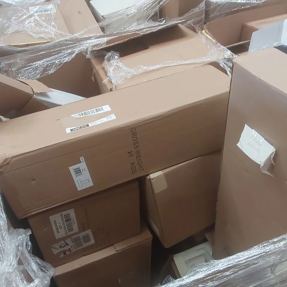 PALLET CONTAINING A VERY LARGE QUANTITY OF ASSORTED DESIGNER LIGHTING PRODUCTS INCLUDING: AMALFI TABLE LAMPS, HURRICANE PENDANT LIGHT, TRIO FLOOR LIGHT ECT